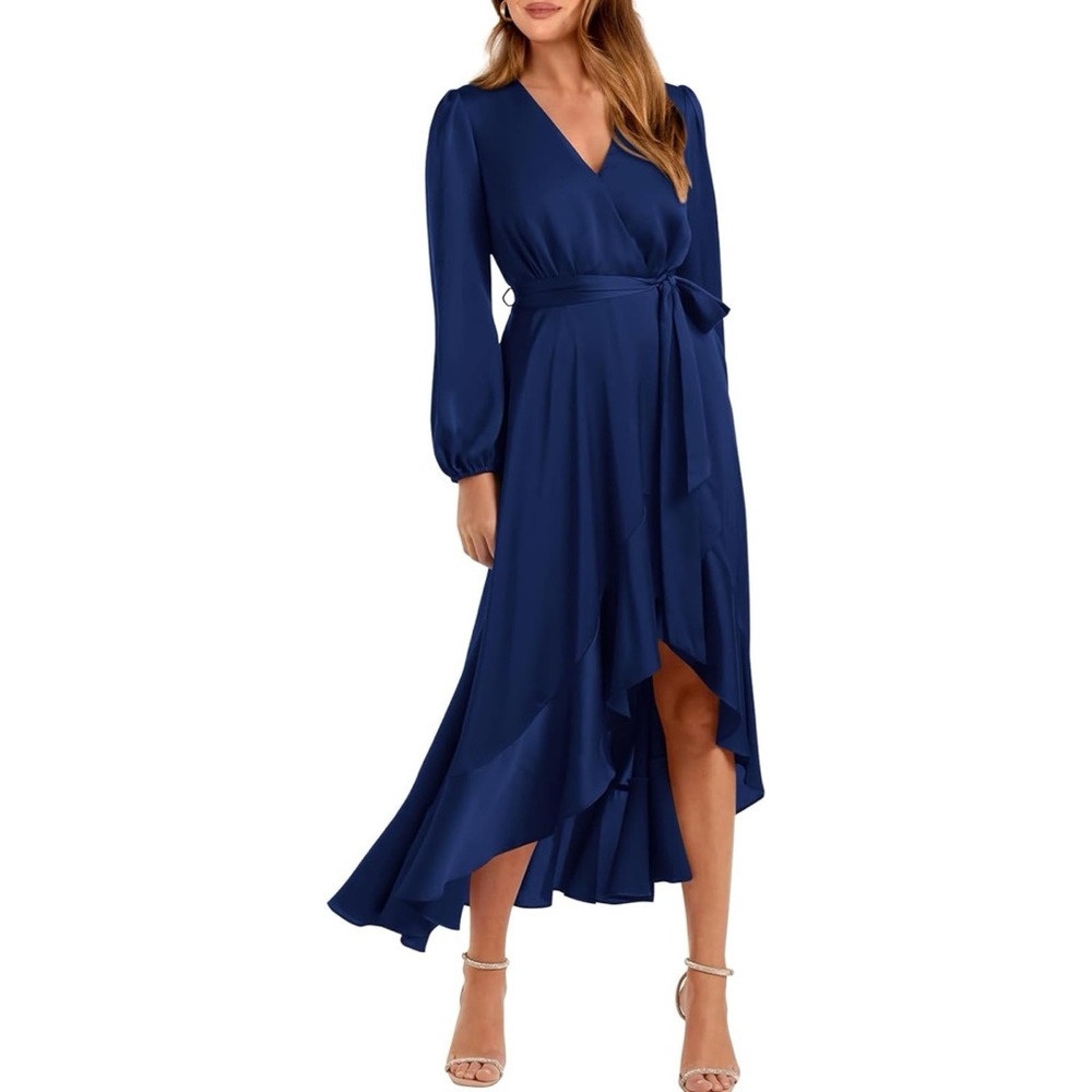 PRETTYGARDEN Long Sleeve Wrap V Neck Dress Ruffle High Low Wedding Guest Dress